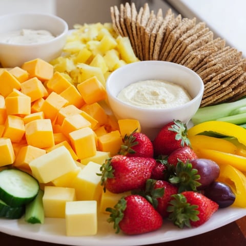 Bright Sunshine Snack Tray overflowing with colorful fruits, veggies, cheese, and dips, ready to serve.