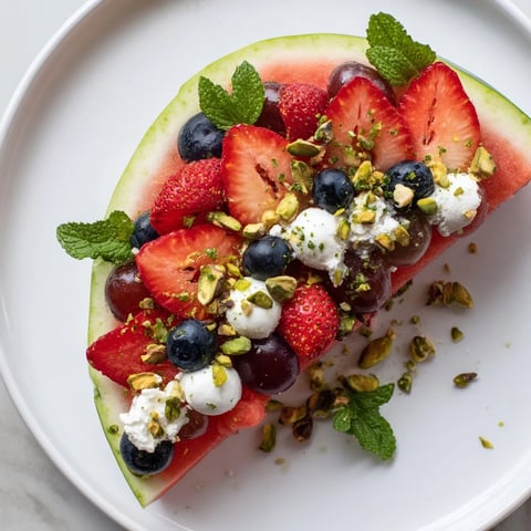 A beautiful Watermelon Slice Charcuterie board with fresh fruit, cheese, and garnishes, ready to enjoy.