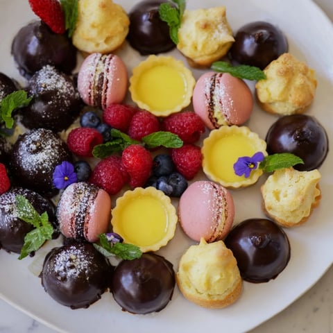 A visually stunning Montgolfière Dessert Platter featuring colorful macarons, tarts and choux puffs artfully arranged.