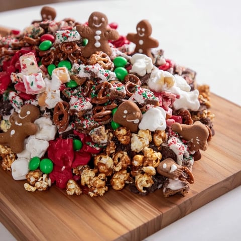 A vibrant Santas Sack Candy Avalanche overflowing with holiday candies and cookies, perfect for Christmas.