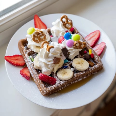 Warm, golden Gingerbread House Waffles sit piled high with colorful holiday toppings for breakfast.