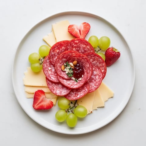 Delectable Easy Charcuterie board with a vibrant salami rose offers a lovely appetizer.