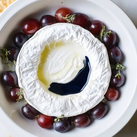 A creamy, soft cheese wheel "Floating Island" atop azure yogurt, garnished with dark grapes.