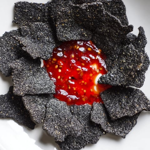 Arrangement of black crackers and spicy red jelly makes the perfect Volcanic Flow appetizer for parties.