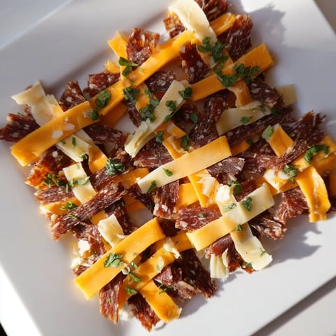 A visually stunning The Tartan Plaid appetizer with woven jerky and cheese strips for perfect party food.