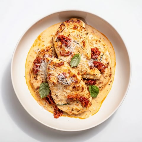 Tender Marry Me Chicken breasts in a creamy tomato sauce, beautifully topped with Parmesan "snow" garnish.