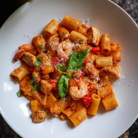 One-Pot Diavola Pasta with Shrimp, bubbling in a skillet, promises a flavorful Italian meal with chicken and shrimp.