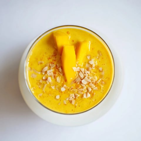 Creamy Mango Turmeric Smoothie, a vibrant yellow drink, garnished with fresh mango slices.