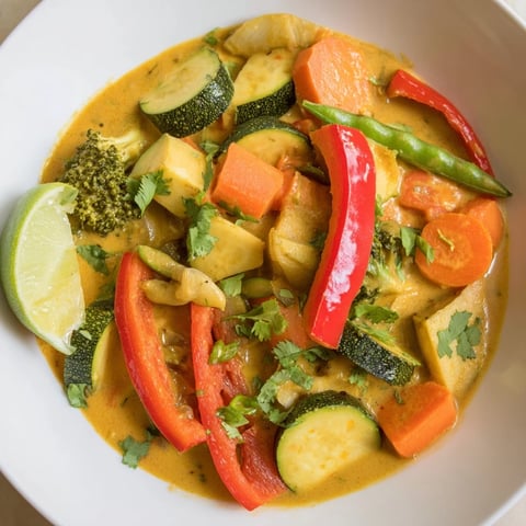 Steaming hot Coconut Curry Vegetables with vibrant colors and garnished with fresh cilantro and lime.