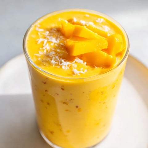 Creamy Mango Turmeric Smoothie, a vibrant yellow drink, garnished with fresh mango slices.