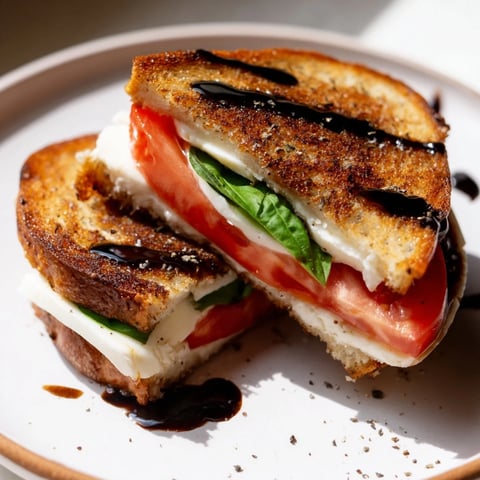 Golden, melty Caprese Salad Grilled Cheese with red tomato slices and fresh basil, ready to enjoy.