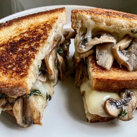 Warm, gooey Creamy Mushroom Grilled Cheese, with golden-brown bread and creamy, cheesy filling.