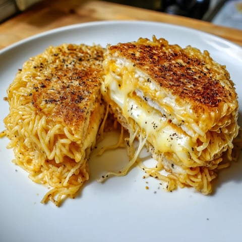 Golden-brown Ramen Grilled Cheese sandwich oozing with melted cheese, a fun and easy lunch idea.