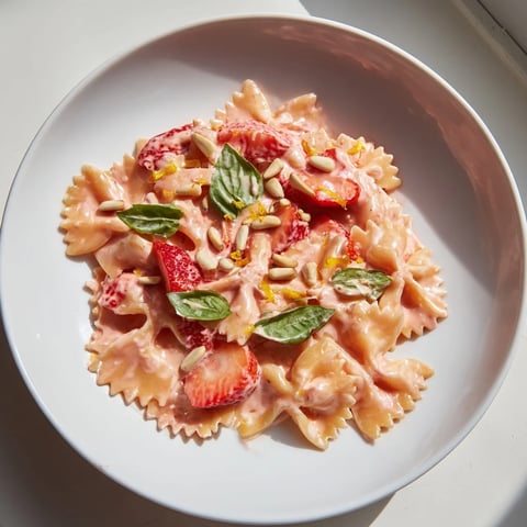 A heaping bowl of Strawberry Sour Cream Pasta, garnished with fresh basil and ripe strawberries.