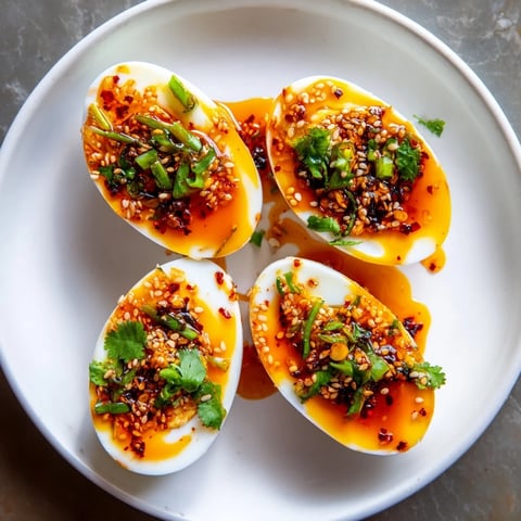 Chili Oil Eggs glistening with a vibrant red chili oil, a delightful, spicy breakfast to enjoy.