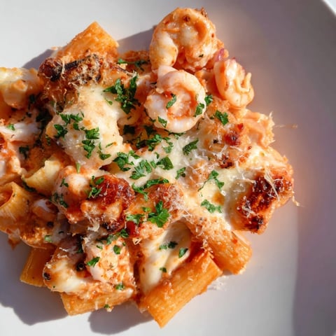 Golden cheese topping a bubbling Seafood Pasta Bake, featuring shrimp and creamy sauce.