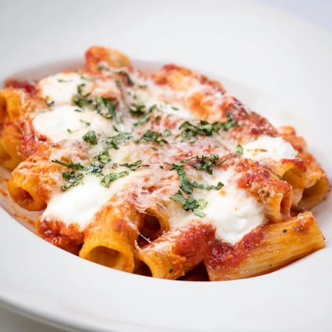 Golden, bubbly Four Cheese Baked Pasta with a crusty top, ready to serve and enjoy.