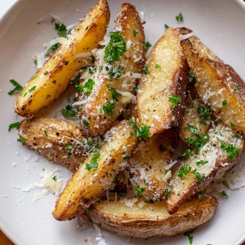 Golden, crispy Rosemary Parmesan Potato Wedges are pictured, sprinkled with fresh Parmesan and herbs, ready to serve.