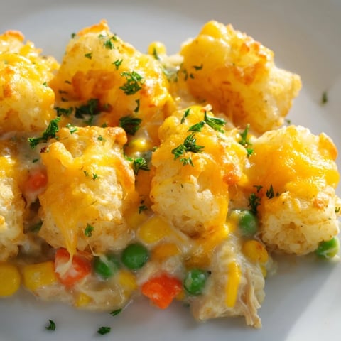 Golden, crispy tater tots crown a hearty Crispy Tater Tot Casserole, bubbling with cheese and flavorful chicken.