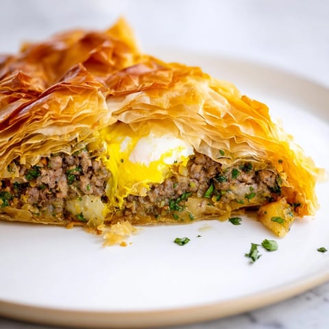 Golden-fried Tunisian Brik pastry, a crispy delight filled with savory meat and a soft egg.