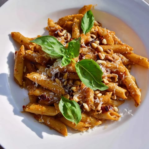 Creamy sun-dried tomato pesto pasta, glistening and ready to devour with fresh basil garnish.