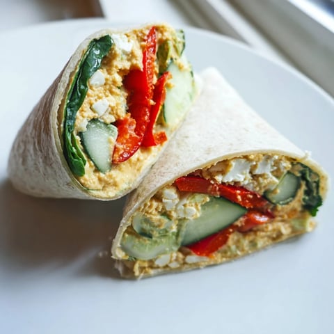 A vibrant Mediterranean Veggie Wrap filled with creamy hummus, roasted red peppers, and fresh spinach.