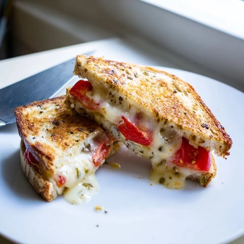 A close-up of a Pepper Jack & Tomato Grilled Cheese, featuring melted cheese oozing from golden, crispy jalapeño-studded bread.