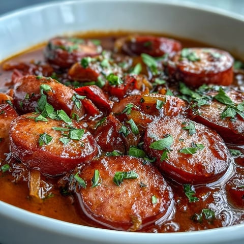 Crock Pot BBQ Cocktail Sausage Soup ladled into a rustic bowl, garnished with fresh parsley and steam rising.