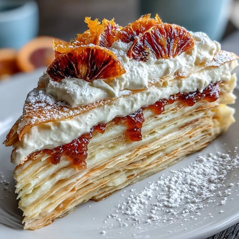 A slice of Blood Orange Curd Crêpe Cake reveals thin crêpe layers with bright orange curd and fluffy whipped cream.