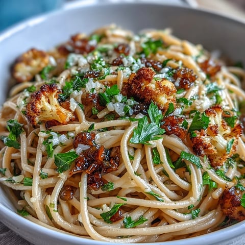 Golden roasted cauliflower florets tossed in spaghetti with anchovies and plump raisins.