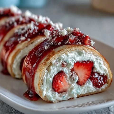 Golden crepe spirals filled with whipped cream and fresh strawberry slices, drizzled with white chocolate for a stunning Strawberry Shortcake Sushi Roll dessert.