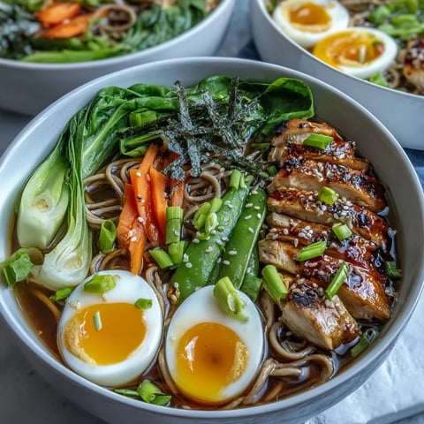 Healthy Miso Chicken Noodle Bowls with soft-boiled eggs and sesame seeds on a table.