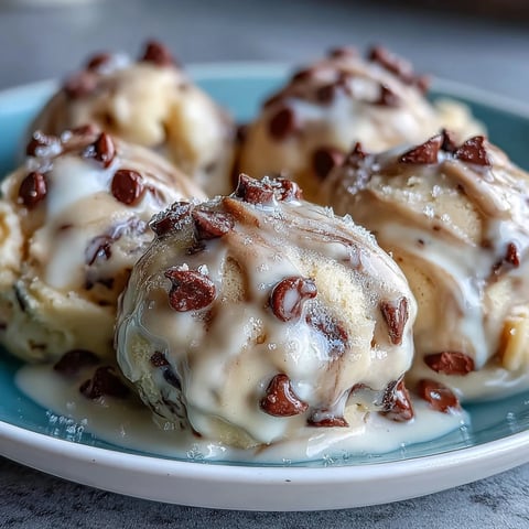 Scoops of chilled Greek Yogurt Cookie Dough are dotted with mini chocolate chips on a rustic wooden board.