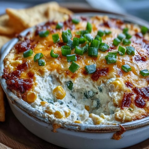 Creamy Crack Corn Dip with melted cheddar and jalapeños in a serving bowl, tortilla chips on the side.