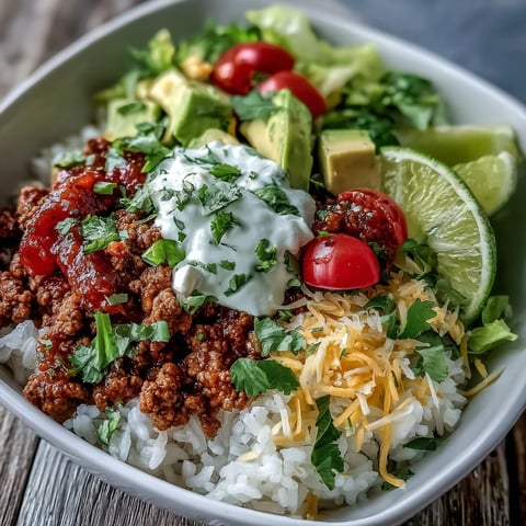 A close-up of a Turkey Taco Bowl with seasoned ground turkey, fluffy rice, diced avocado, and fresh cilantro.