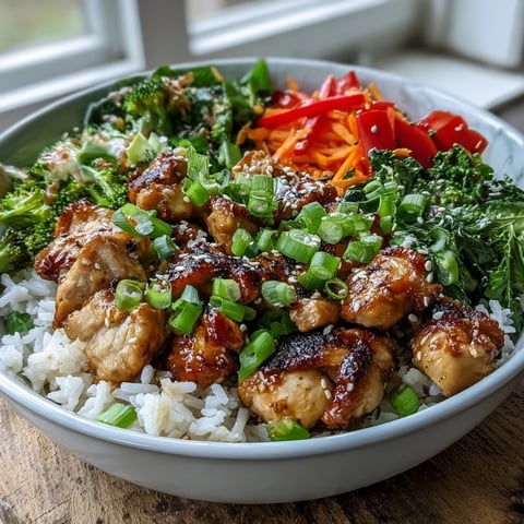 Golden-brown marinated chicken pieces, sautéed crisp-tender broccoli, bell peppers, and carrots are piled high on fluffy white rice in a Chicken and Rice Bowl, ready to serve.