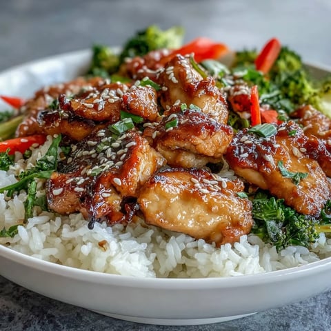 Golden-brown honey garlic chicken pieces glazed in a sticky sauce, served over fluffy white rice with steamed broccoli, carrots, and red bell peppers, sprinkled with toasted sesame seeds.