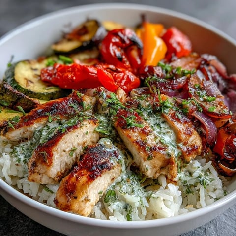 Golden-brown Lemon Herb Roasted Chicken Bowl with fluffy rice, roasted red peppers, and zucchini, drizzled with lemon dressing.