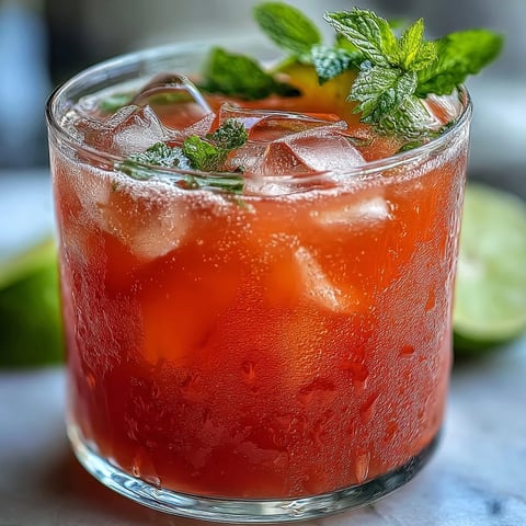 Two glasses of Guava Nectar Drink filled with ice and garnished with fresh lime wedges and mint leaves.