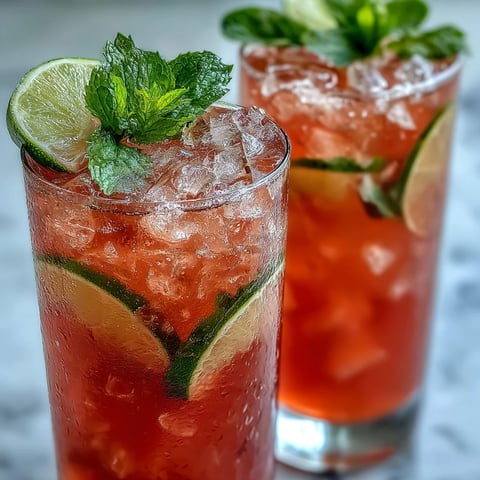 A glass of refreshing Guava Juice With Sparkling Water, filled with ice cubes and garnished with a fresh lime slice. The pink tropical drink bubbles and condensation glistens on the glass.