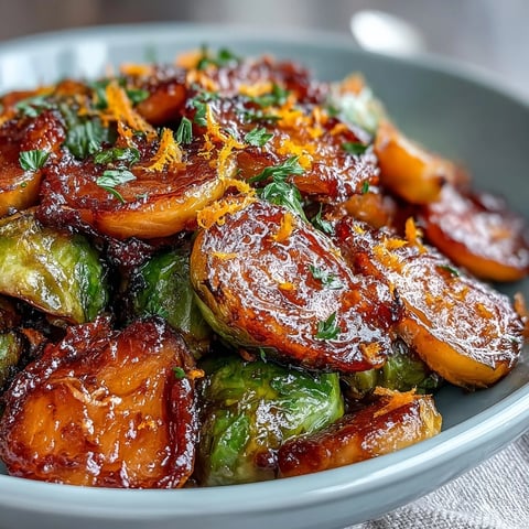 Golden-brown Irresistible Orange Maple Glazed Brussels Sprouts roasted to crispy perfection on a dark baking sheet.