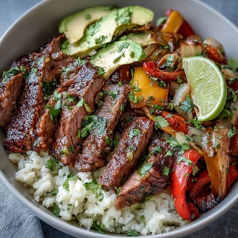 A close-up of a vibrant Steak Fajita Bowl with sizzling steak strips, sautéed multi-colored peppers, and onions over fluffy cauliflower rice, garnished with avocado and cilantro.
