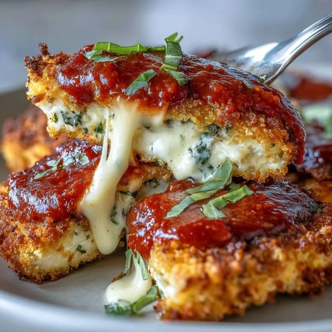 Crispy Tofu Chicken Parm Bakes with melted mozzarella and rich marinara on a plate.
