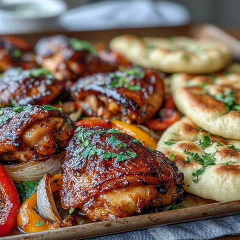 Golden-brown Sheet Pan Honey Garlic Chicken thighs glazed with sticky sauce, roasted bell peppers, and onion wedges alongside warm garlic naan on a sheet pan.