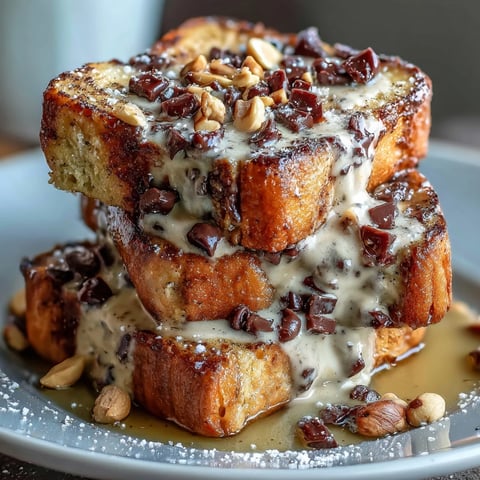 Warm High-Protein Peanut Butter & Chocolate Baked French Toast topped with chocolate chips and chopped peanuts.