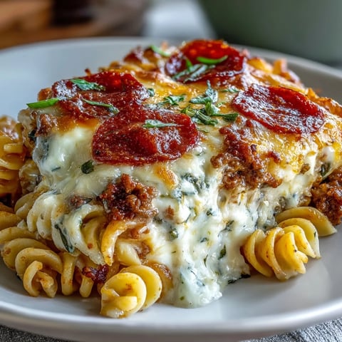 Golden, bubbly High-Protein Pizza Pasta Bake fresh from the oven with melted mozzarella and pepperoni.