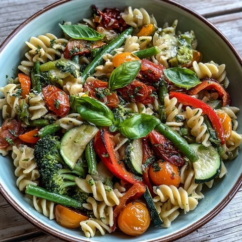 A close-up of Vegan One-Pot Pasta Primavera with lemon and basil, featuring colorful al dente pasta, crisp vegetables, and fresh herbs in a glossy sauce.