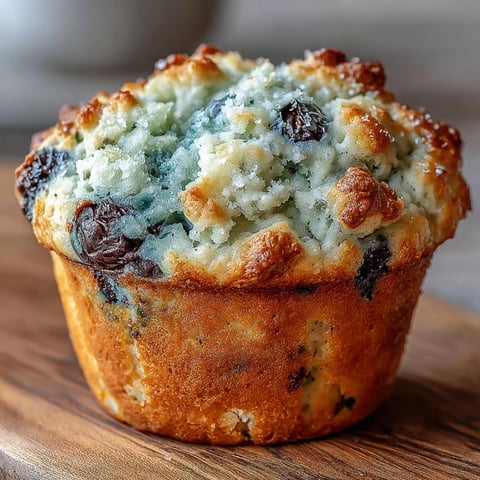 Freshly baked Vegan Blueberry Lemon Protein Muffins rise high with golden tops and juicy berries peeking through.