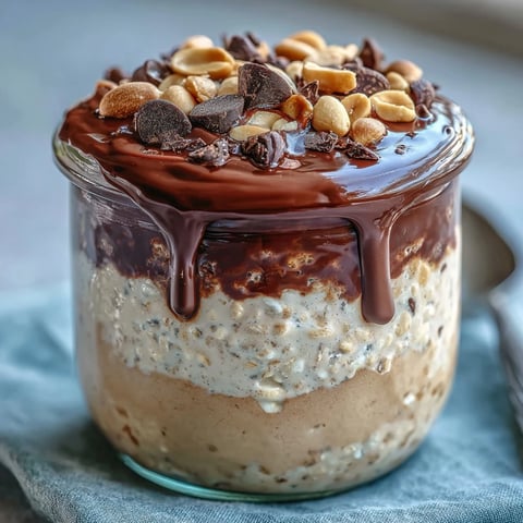 Creamy peanut butter cup overnight oats layered with rich cocoa ganache, chocolate chips, and chopped peanuts for a healthy breakfast.