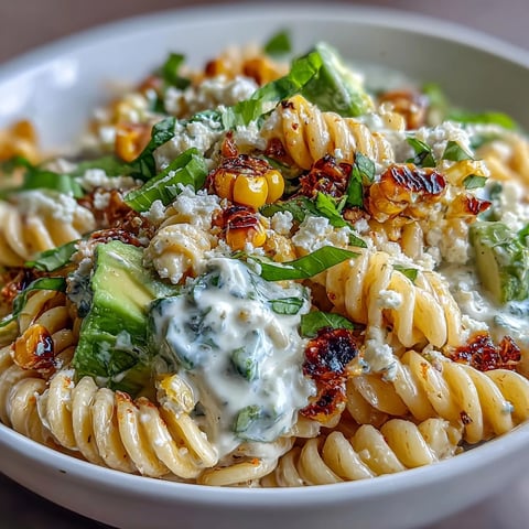 Creamy street corn pasta salad with roasted corn, spicy cheddar, and fresh herbs, tossed in a rich cheese dressing for a vibrant summer dish.